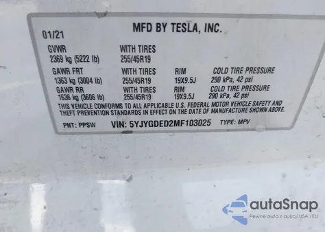 2021 Tesla Model Y Standard Range Rear-Wheel Drive from USA, damaged, VIN 5YJYGDED2MF103025